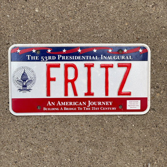 Photo of a 1997 Washington DC VANITY License Plate Auto Tag Garage Decor Vintage Clinton Inaugural Inauguration FRITZ