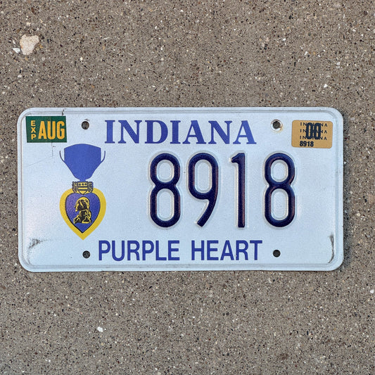 Photo of a 1998 2000 Indiana Military License Plate Auto Tag Garage Decor Vintage Purple Heart 8918 with original patina