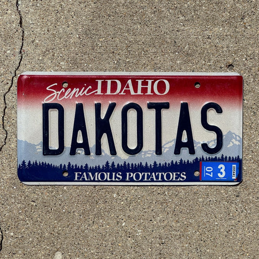 Photo of a 1998 2007 Idaho Vanity License Plate Auto Tag Garage Decor Vintage North South Dakota DAKOTAS with original patina