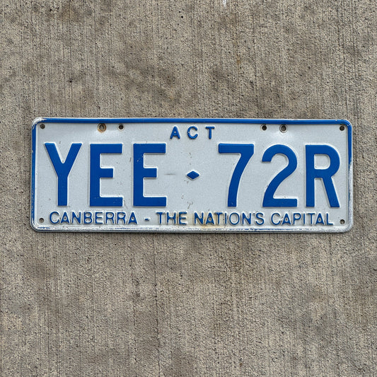 Photo of a 1998 Australian Capital Territory ACT License Plate Auto Tag Garage Decor Vintage Canberra Nation's Capital YEE 72R with original patina