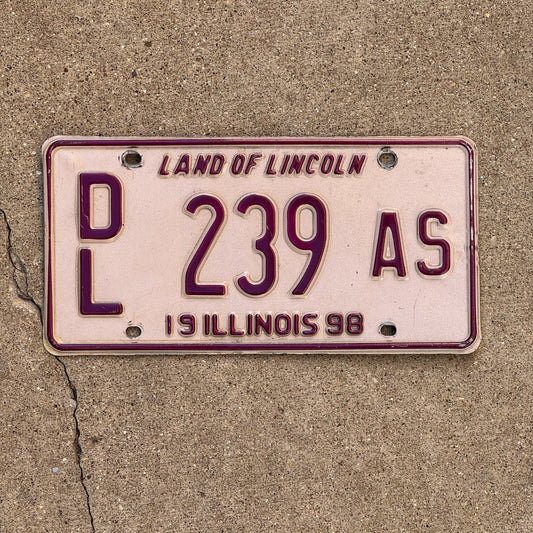 Photo of a 1998 Illinois Dealer License Plate Auto Tag Garage Decor Vintage Pink DL 239 AS