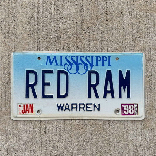 Photo of a 1998 Mississippi Vanity License Plate Auto Tag Garage Decor Vintage Dodge RED RAM