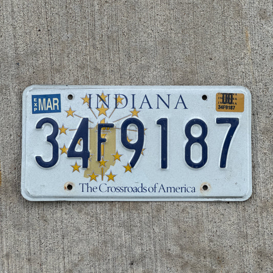 Photo of a 1999 2000 Indiana License Plate Auto Tag Garage Decor Vintage 34 F 9187 with original patina