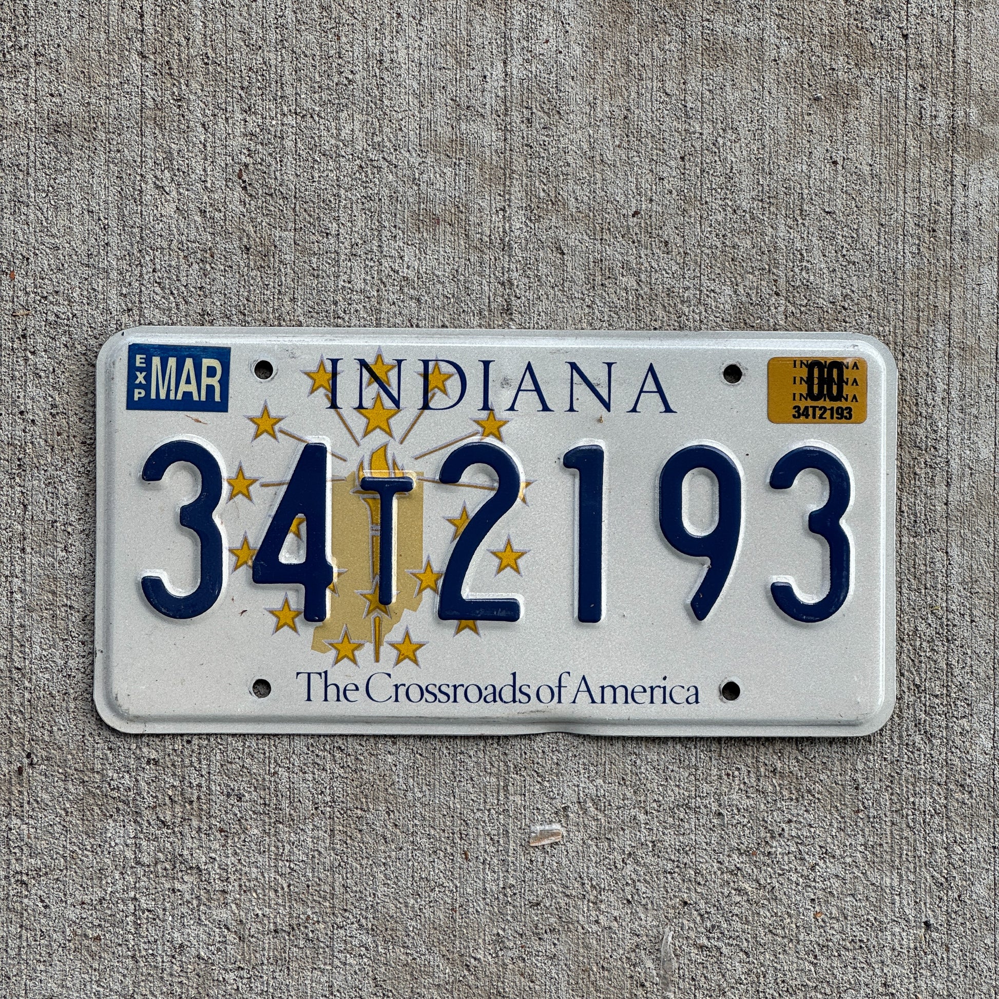 Photo of a 1999 2000 Indiana License Plate Auto Tag Garage Decor Vintage 34 T 2193 with original patina