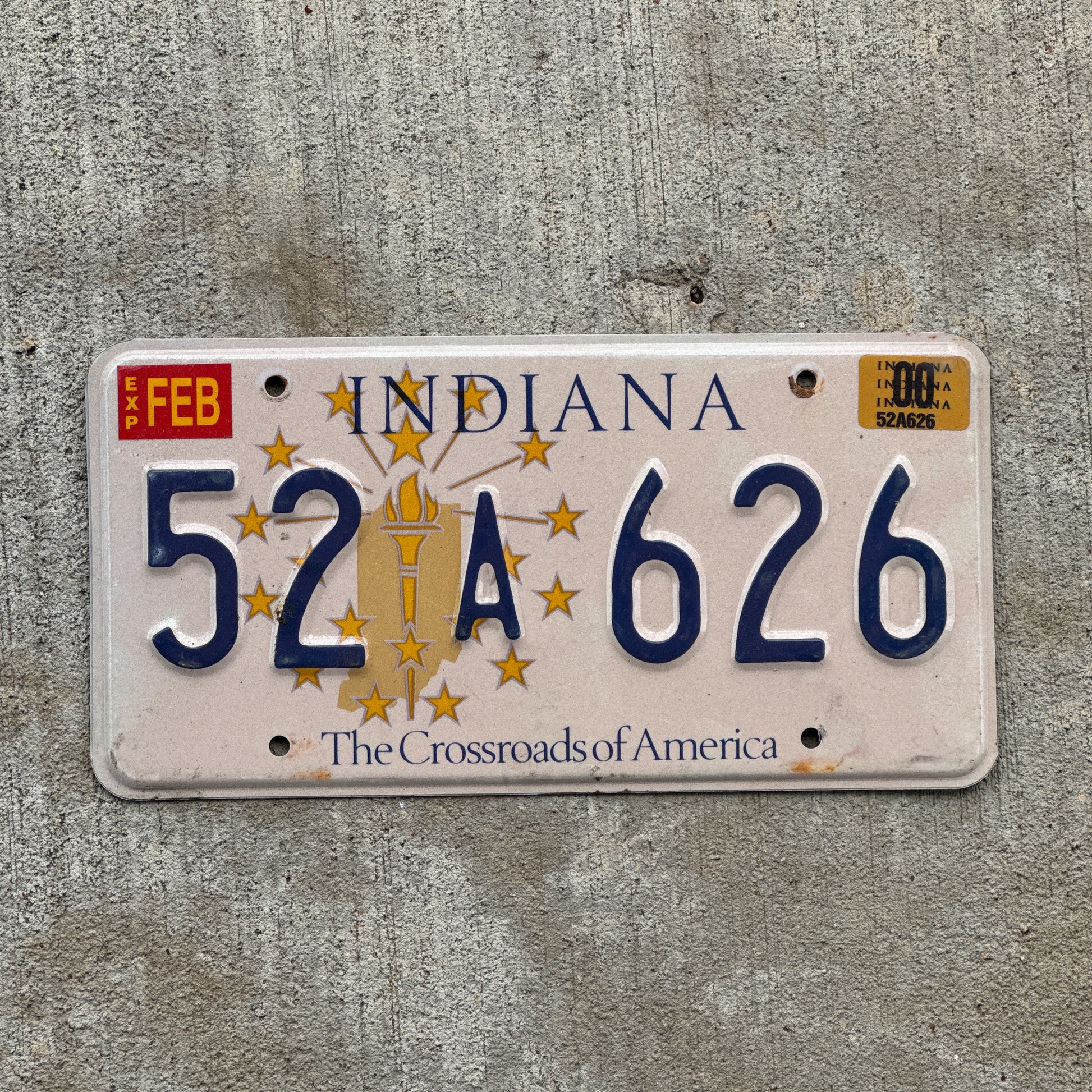 Photo of a 1999 2000 Indiana License Plate Auto Tag Garage Decor Vintage 52 A 626 with original patina