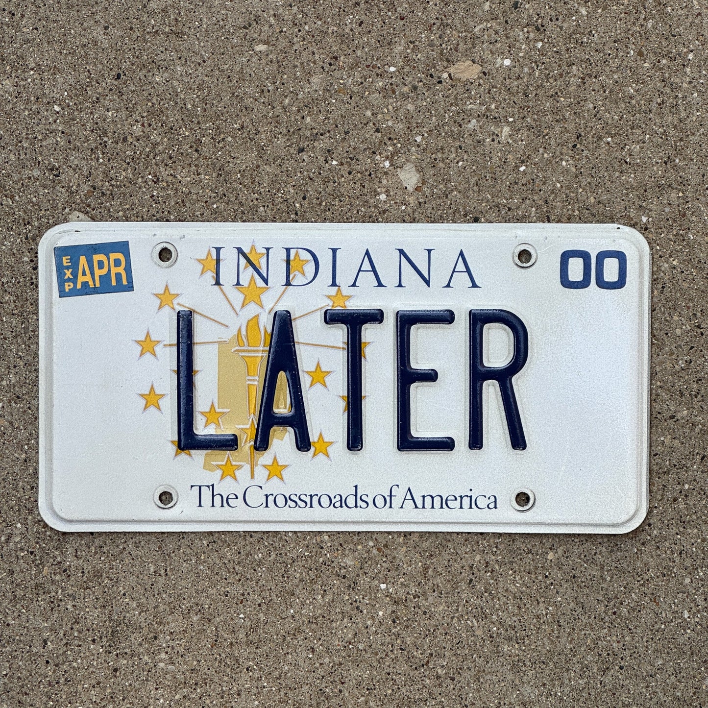 Photo of a 1999 2000 Indiana Vanity License Plate Auto Tag Garage Decor Vintage Bye So Long LATER with original patina