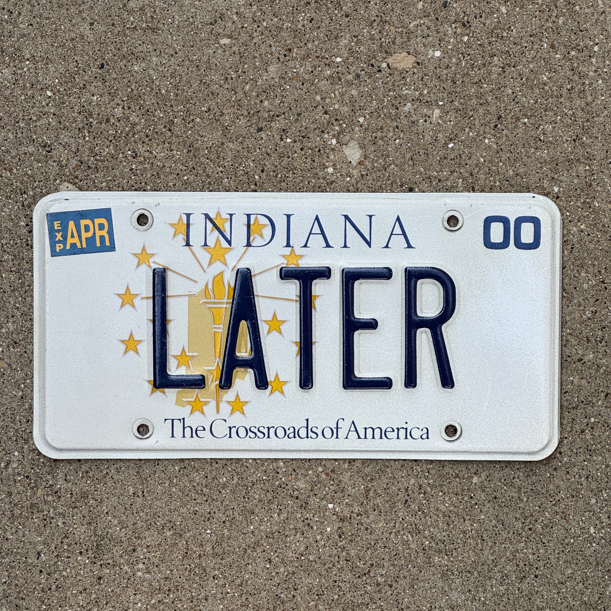 Photo of a 1999 2000 Indiana Vanity License Plate Auto Tag Garage Decor Vintage Bye So Long LATER with original patina