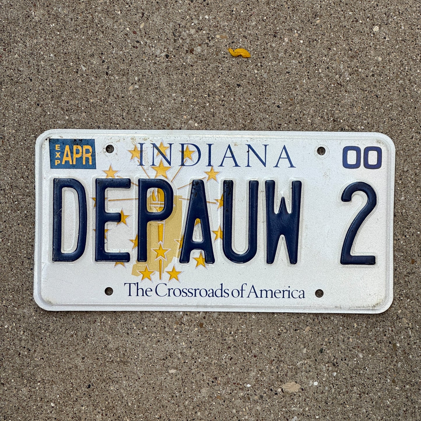 Photo of a 1999 2000 Indiana Vanity License Plate Auto Tag Garage Decor Vintage University College DEPAUW 2 with original patina