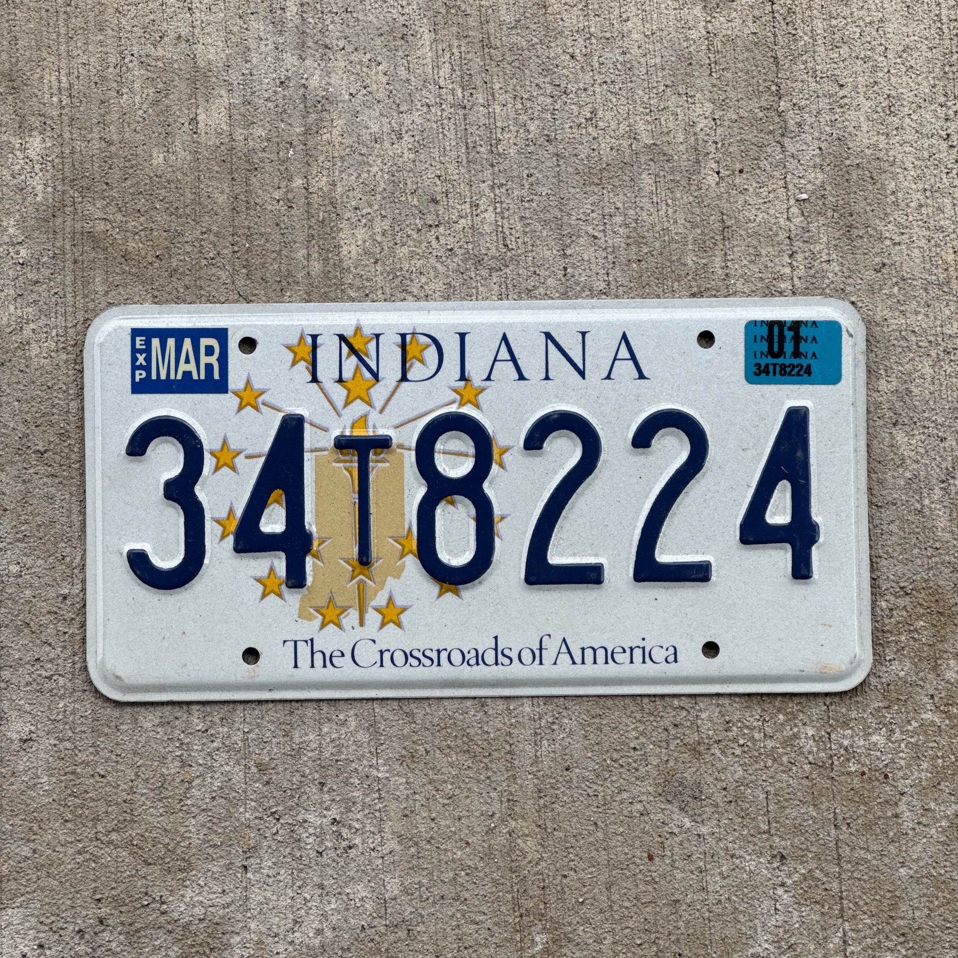 Photo of a 1999 2001 Indiana License Plate Auto Tag Garage Decor Vintage 34 T 8224 with original patina