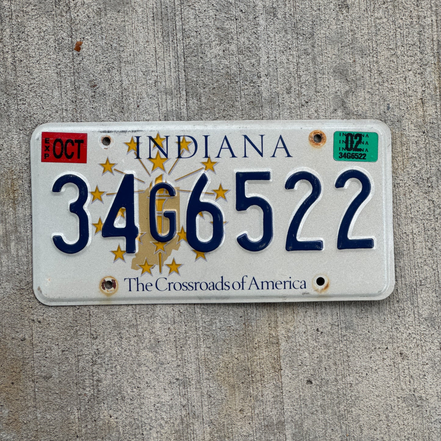 Photo of a 1999 2002 Indiana License Plate Auto Tag Garage Decor Vintage 34 G 6522 with original patina
