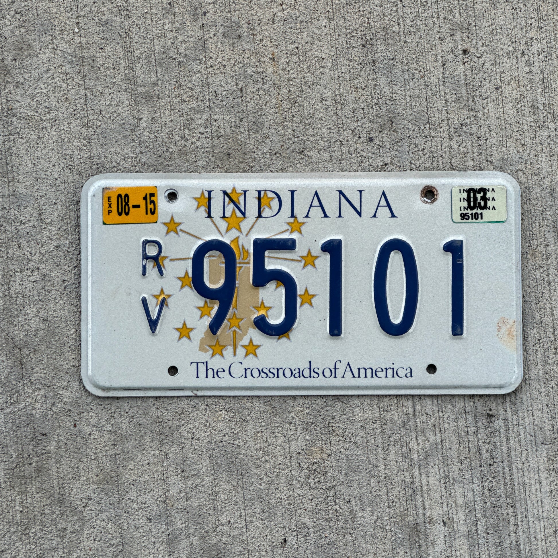 Photo of a 1999 2003 Indiana RV License Plate Auto Tag Garage Decor Vintage 95101 with original patina