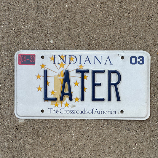 Photo of a 1999 2003 Indiana Vanity License Plate Auto Tag Garage Decor Vintage Bye So Long LATER with original patina