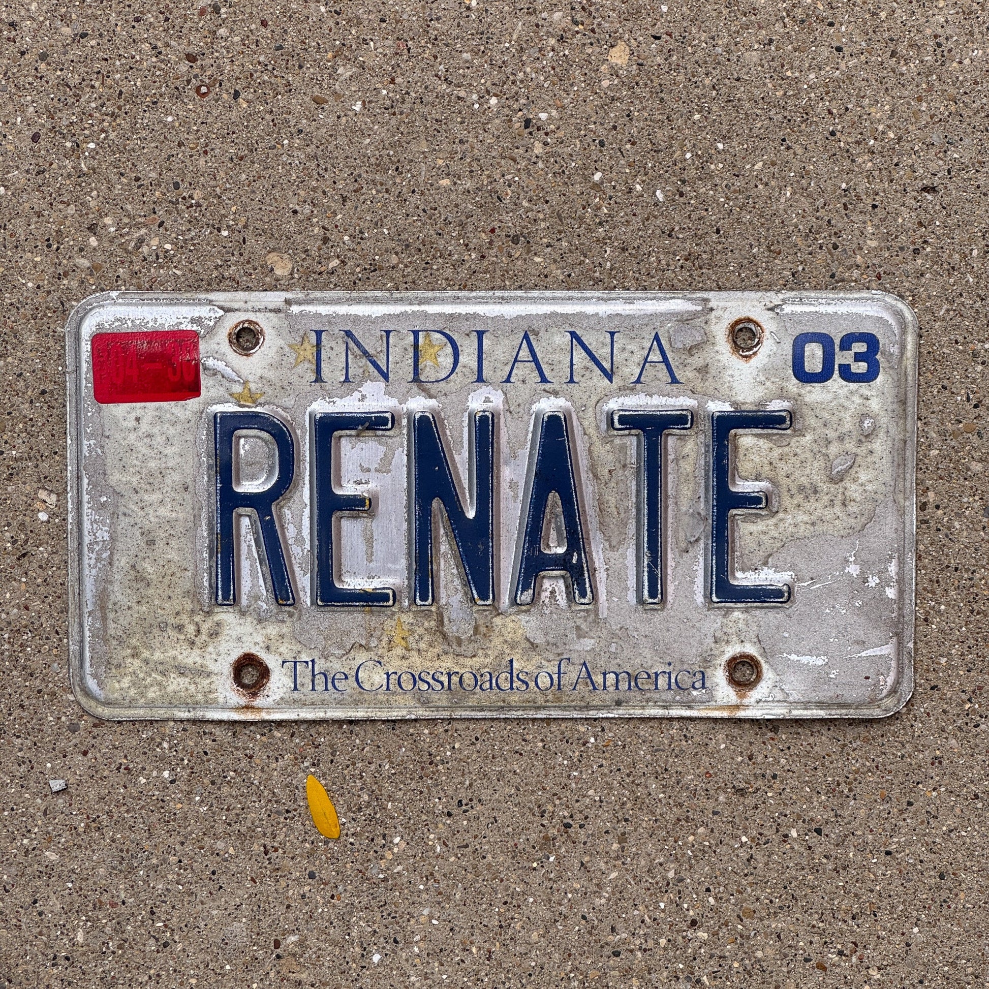 Photo of a 1999 2003 Indiana Vanity License Plate Auto Tag Garage Decor Vintage RENATE with original patina