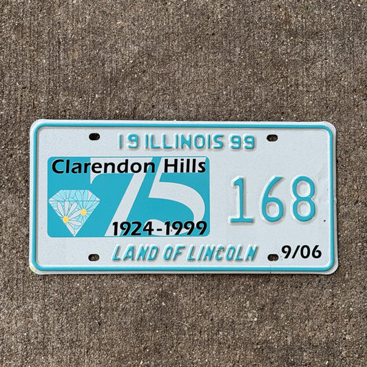 Photo of a 1999 Illinois Event License Plate Auto Tag Garage Decor Vintage Claredon Hills Diamond Jubilee 168 with original patina