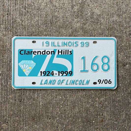 Photo of a 1999 Illinois Event License Plate Auto Tag Garage Decor Vintage Claredon Hills Diamond Jubilee 168 with original patina