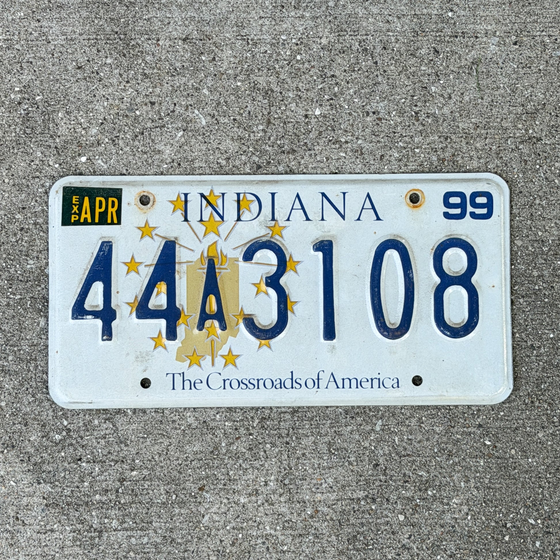 Photo of a 1999 Indiana License Plate Auto Tag Garage Decor Vintage 44 A 3108 with original patina