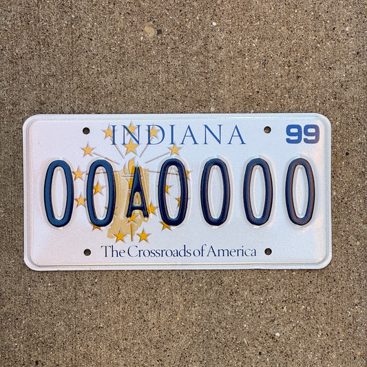 Photo of a 1999 Indiana Sample License Plate Auto Tag 1 Garage Decor 00A0000 with original patina
