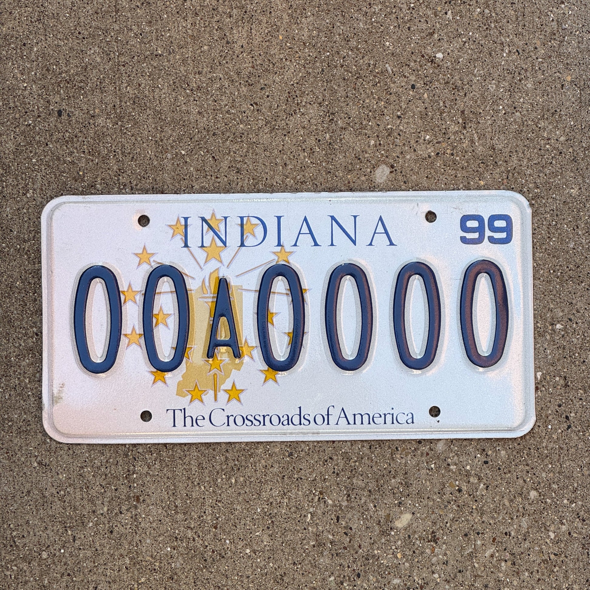 Photo of a 1999 Indiana Sample License Plate Auto Tag 2 Garage Decor 00A0000 with original patina