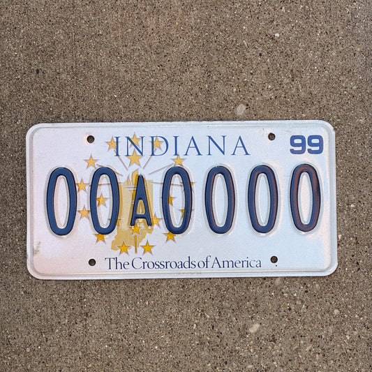 Photo of a 1999 Indiana Sample License Plate Auto Tag 2 Garage Decor 00A0000 with original patina