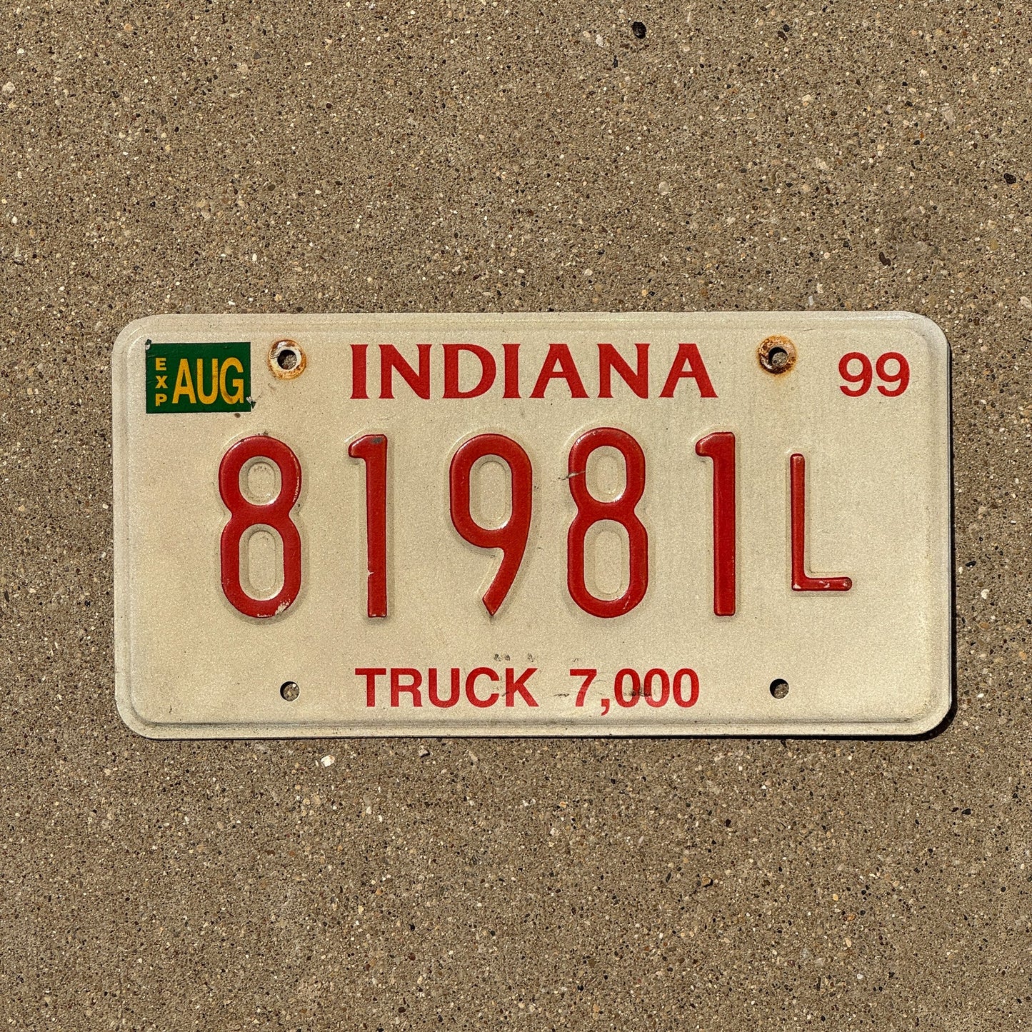 Photo of a 1999 Indiana Truck License Plate Auto Tag Garage Decor Vintage 81981 L