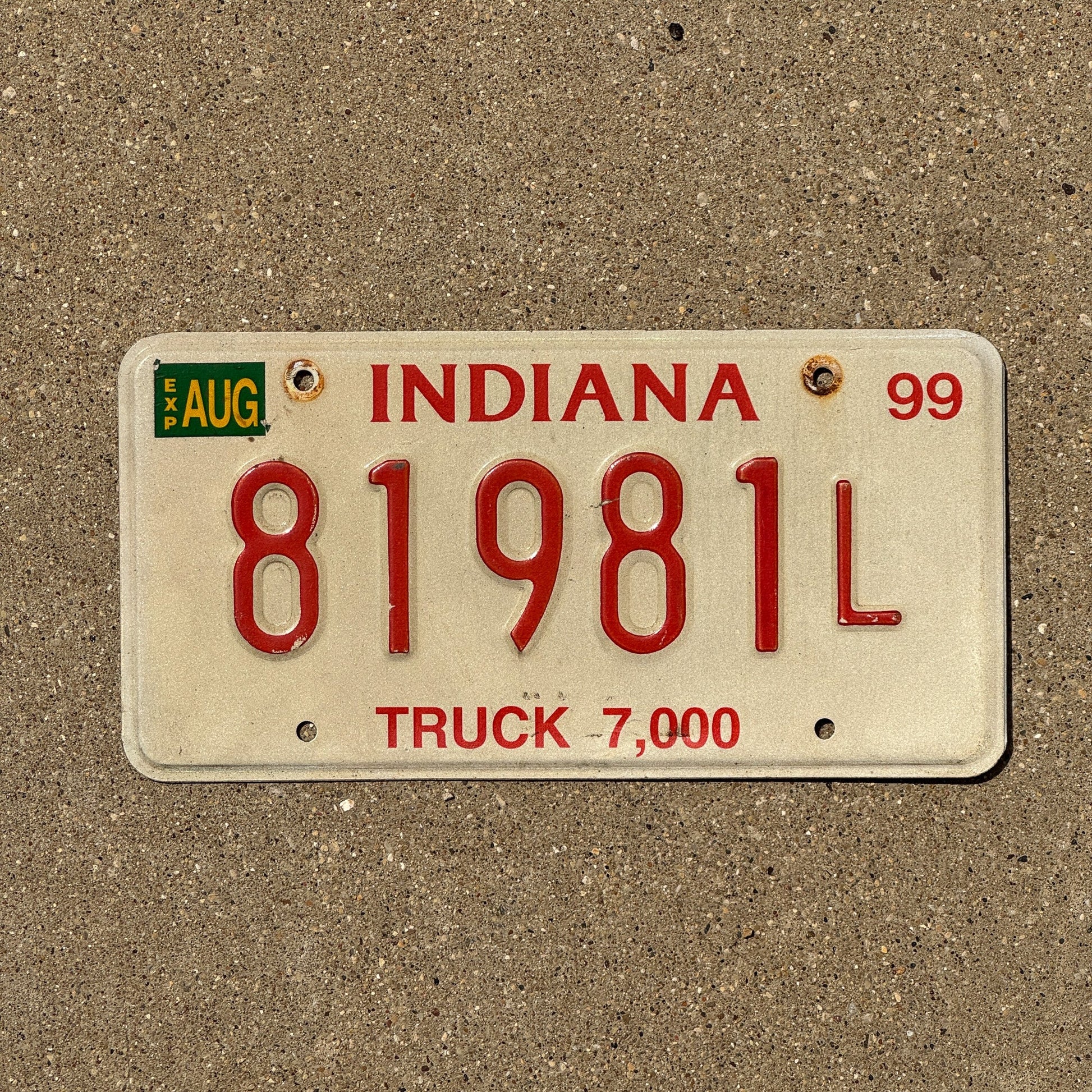 Photo of a 1999 Indiana Truck License Plate Auto Tag Garage Decor Vintage 81981 L