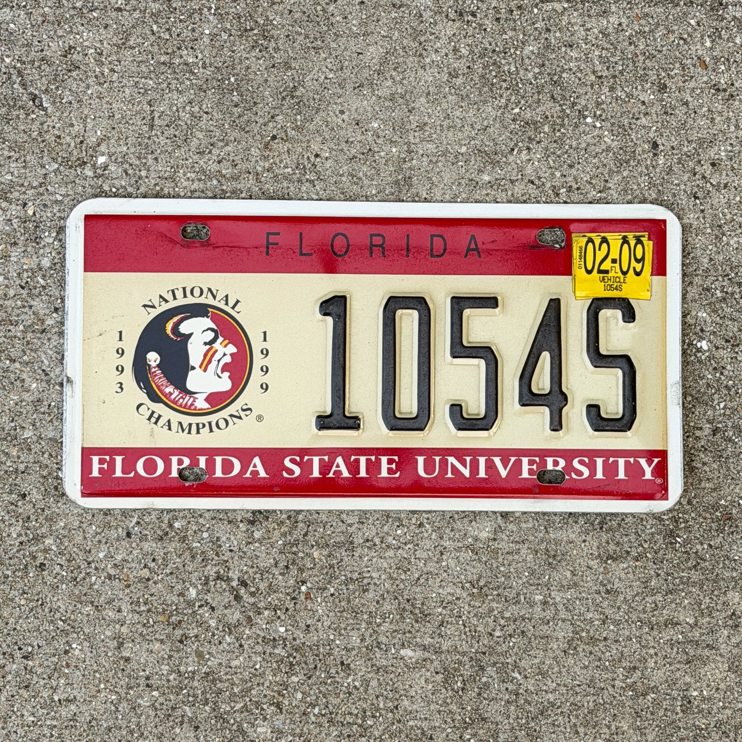 Photo of a 2000 2009 Florida Graphic / Specialty License Plate Auto Tag Garage Decor Vintage Florida State University College Sports 1054 S with original patina