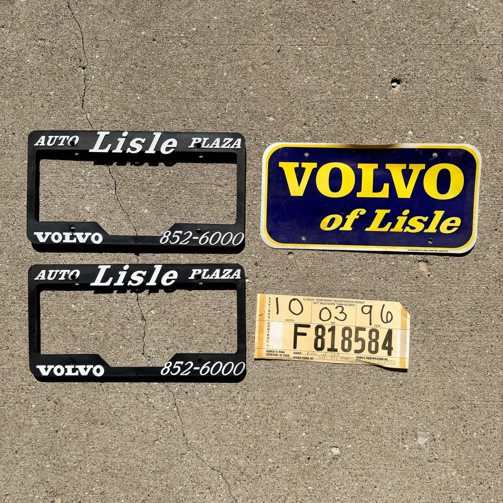 Photo of a 2000 Era Illinois License Plate Frame Auto Tag Garage Decor Vintage Volvo Lisle Illinois Pair of Frames and Ephemera