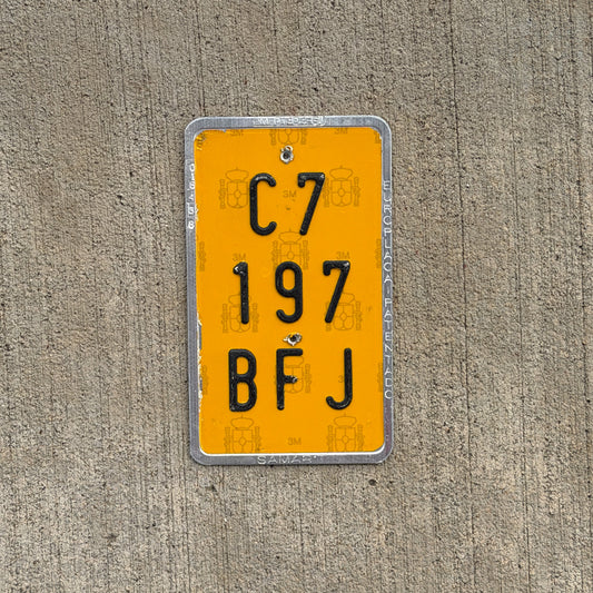 Photo of a 2000 Era Spain Moped License Plate Auto Tag Garage Decor Vintage C 7 197 BFJ with original patina