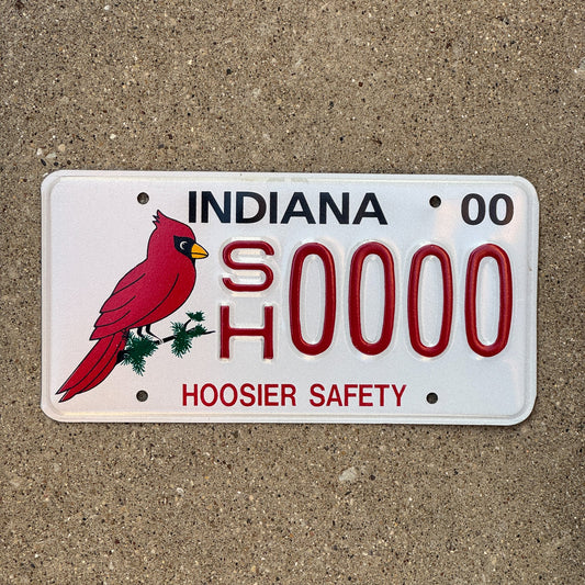 Photo of a 2000 Indiana Graphic Sample License Plate Auto Tag Garage Decor Vintage Hoosier Safety Homeland Security Foundation SH 0000 with original patina