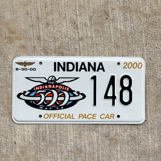 Photo of a 2000 Indiana Pace Car License Plate Auto Tag Garage Decor Vintage Indy 500 Racing Enthusiast Collectible 148 with original patina