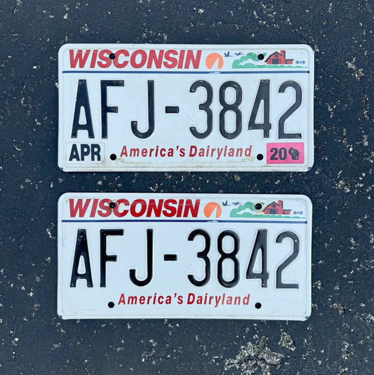 Photo of a 2000 Wisconsin License Plate Pair Auto Tag Garage Decor Vintage AFJ 3842