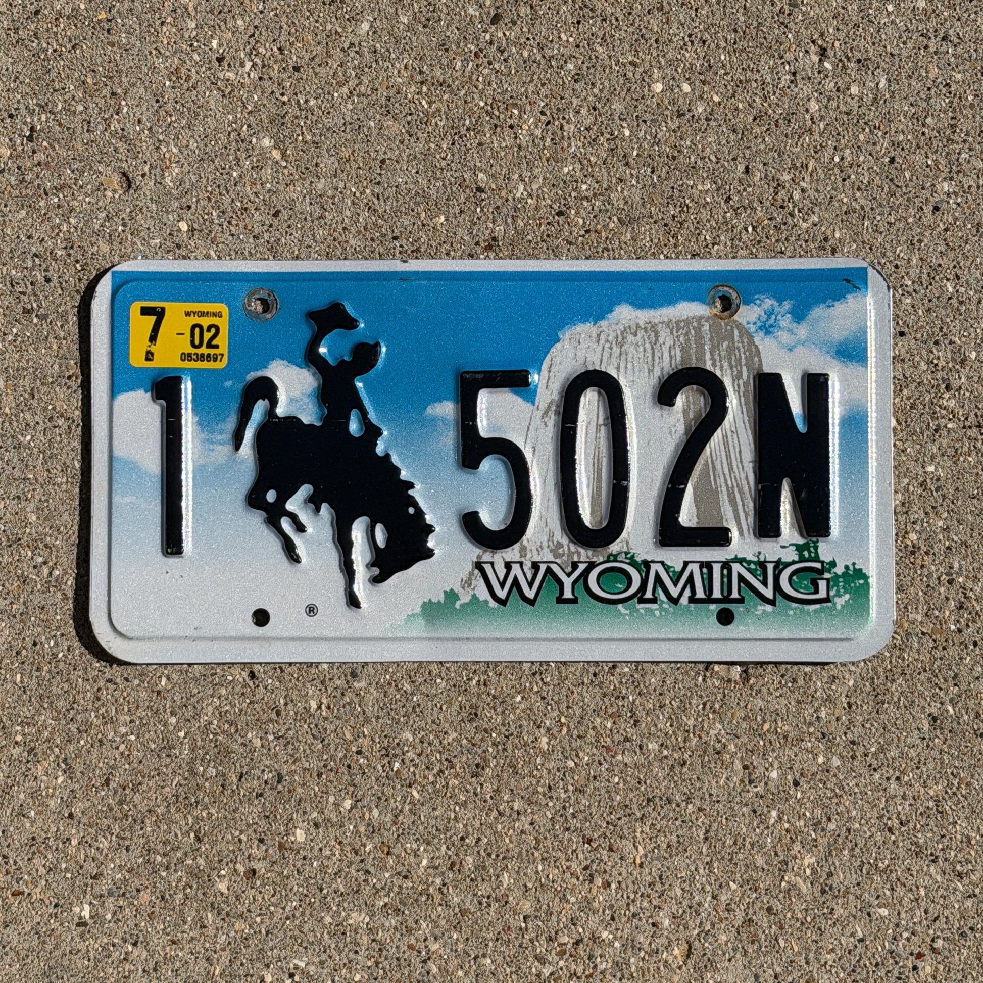 Photo of a 2001 2002 Wyoming License Plate Auto Tag Garage Decor Vintage Cowboy Rodeo 1 502 N with original patina