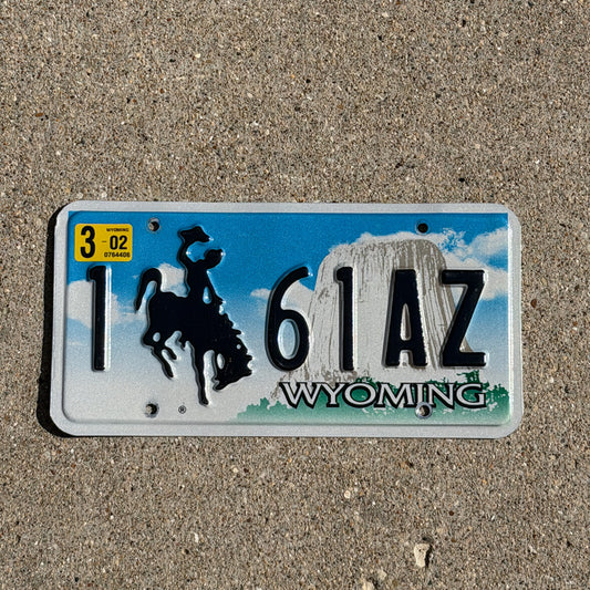 Photo of a 2001 2002 Wyoming License Plate Auto Tag Garage Decor Vintage Cowboy Rodeo 1 61 AZ with original patina