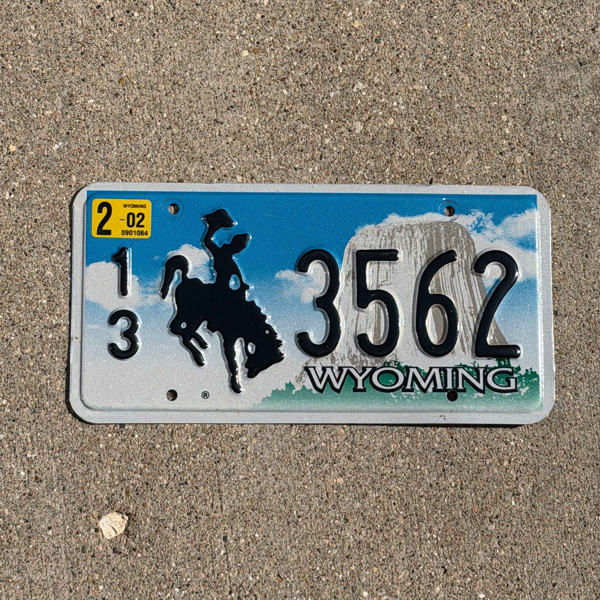 Photo of a 2001 2002 Wyoming License Plate Auto Tag Garage Decor Vintage Cowboy Rodeo 13 3562 with original patina