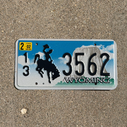 Photo of a 2001 2002 Wyoming License Plate Auto Tag Garage Decor Vintage Cowboy Rodeo 13 3562 with original patina