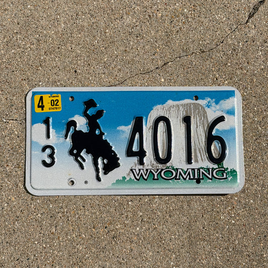 Photo of a 2001 2002 Wyoming License Plate Auto Tag Garage Decor Vintage Cowboy Rodeo 13 4016 with original patina