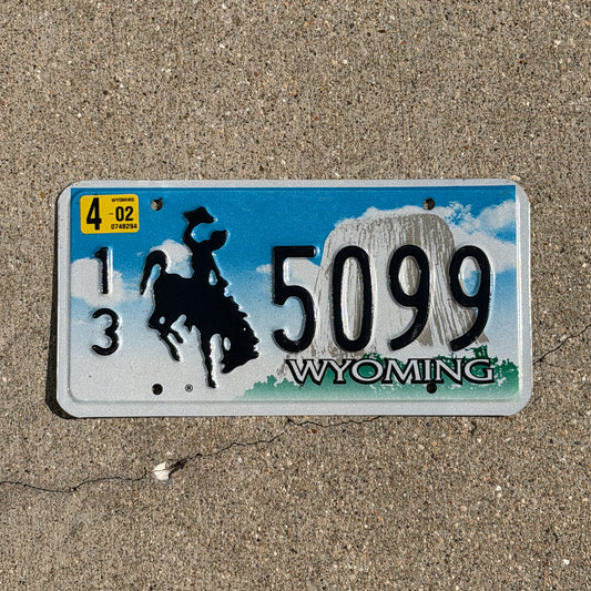 Photo of a 2001 2002 Wyoming License Plate Auto Tag Garage Decor Vintage Cowboy Rodeo 13 5099 with original patina