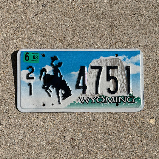 Photo of a 2001 2003 Wyoming License Plate Auto Tag Garage Decor Vintage Cowboy Rodeo 21 4751 with original patina