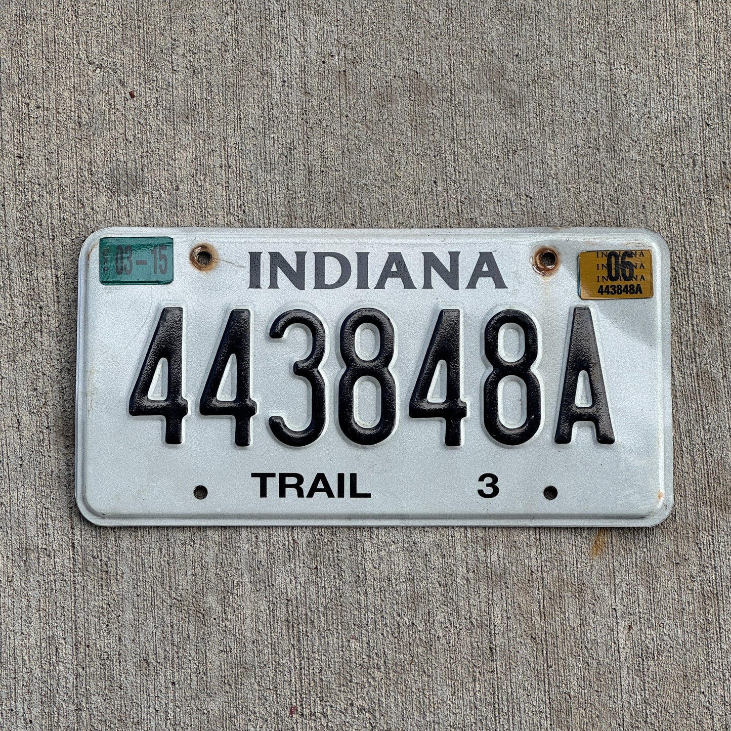 Photo of a 2001 2006 Indiana Trailer License Plate Auto Tag Garage Decor Vintage 443848 A with original patina