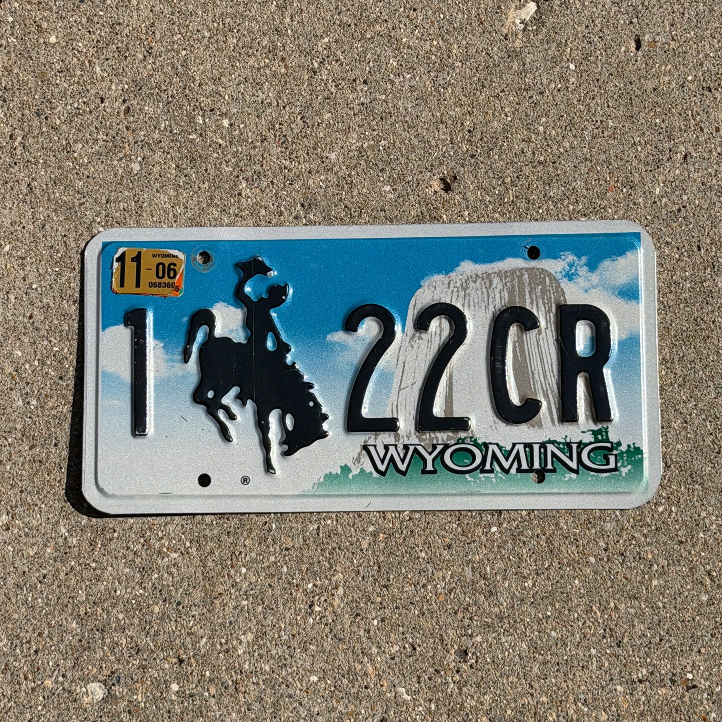 Photo of a 2001 2006 Wyoming License Plate Auto Tag Garage Decor Vintage Cowboy Rodeo 1 22 CR with original patina