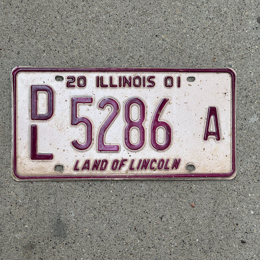 Photo of a 2001 Illinois Dealer License Plate Auto Tag 1 Vintage Garage 5286 A with original patina