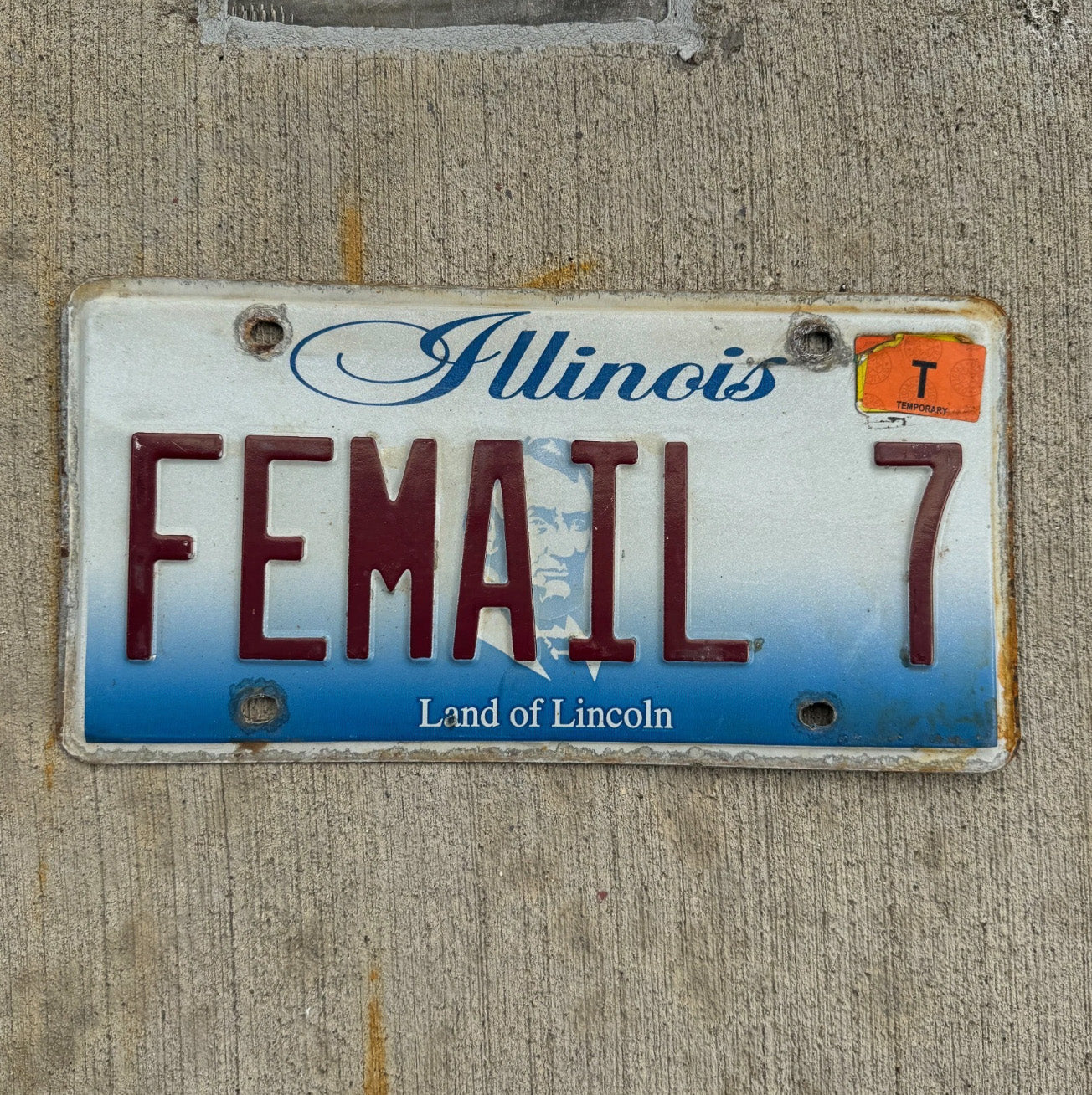 Photo of a 2001 Illinois Vanity License Plate Auto Tag 1 Garage Decor Female Mail 7 FEMAIL