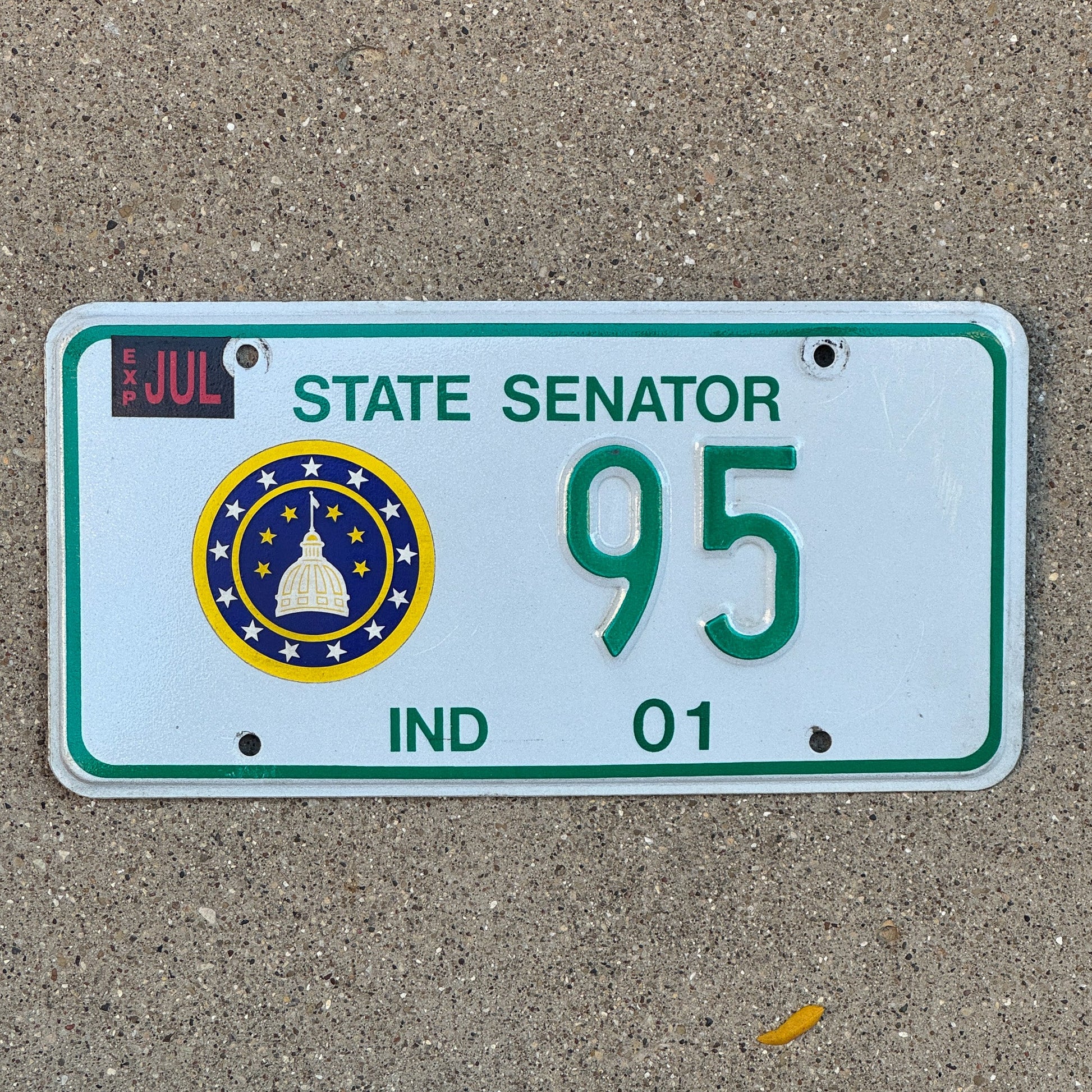 Photo of a 2001 Indiana State Senator License Plate Auto Tag Garage Decor Vintage 95 with original patina