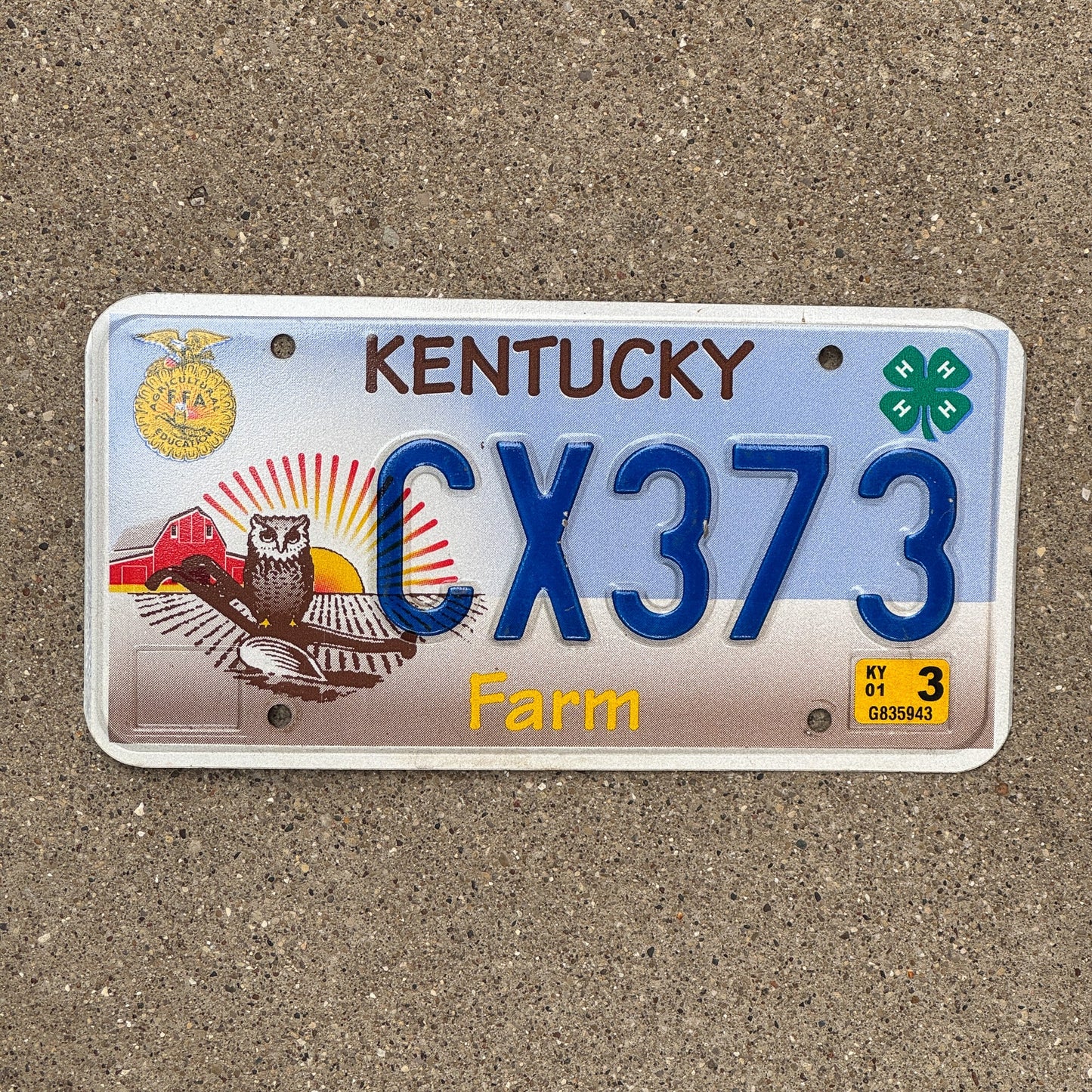 Photo of a 2001 Kentucky Graphic / Specialty License Plate Auto Tag Garage Decor Vintage Farm 2001 Natural CX 373