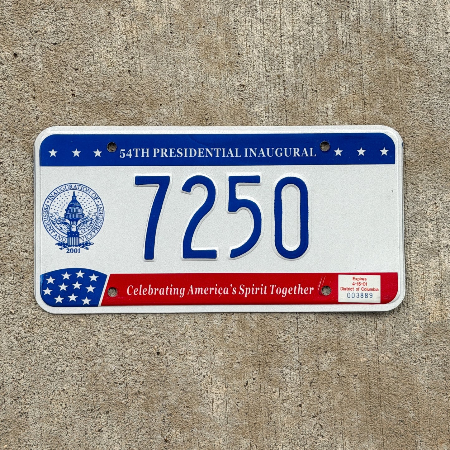 Photo of a 2001 Washington DC Inaugural License Plate Auto Tag 1 Vintage Garage Bush Politics Political 7250 with original patina