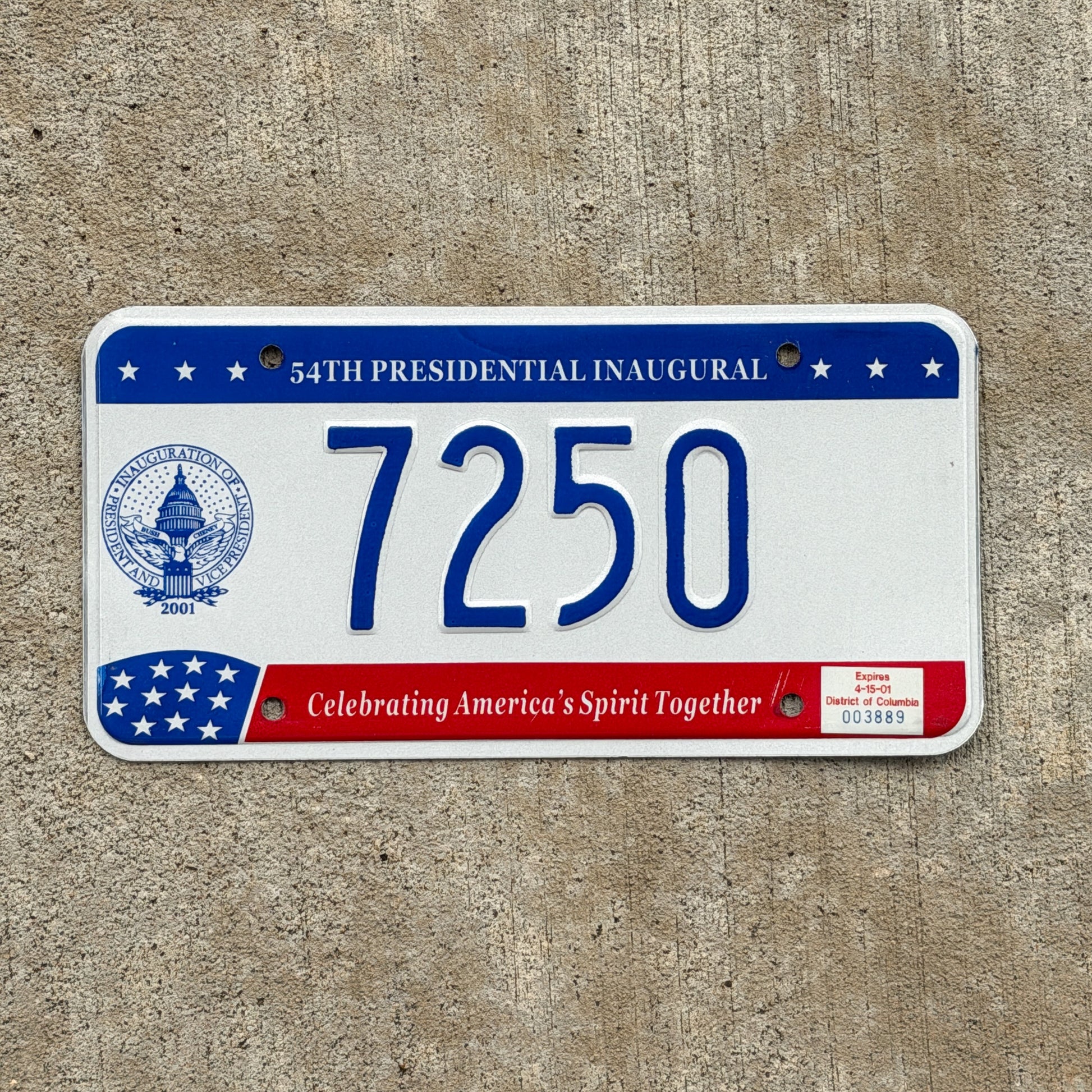 Photo of a 2001 Washington DC Inaugural License Plate Auto Tag 1 Vintage Garage Bush Politics Political 7250 with original patina