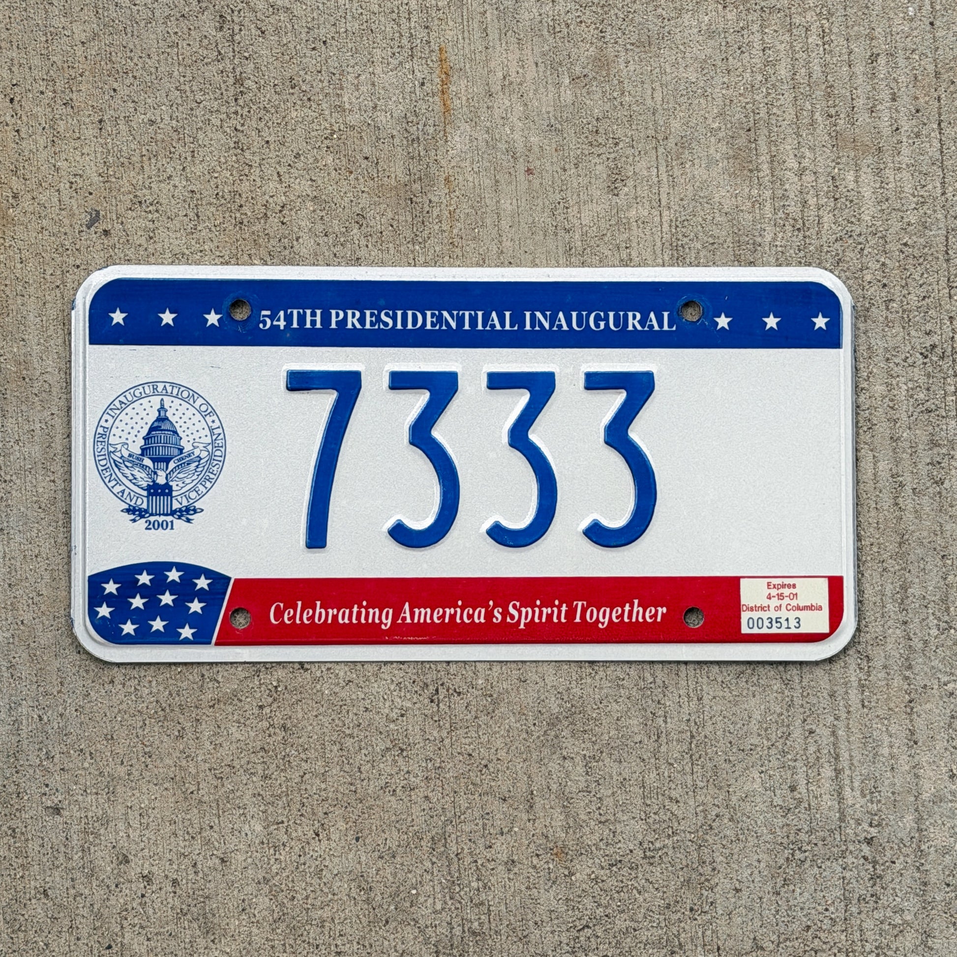 Photo of a 2001 Washington DC Inaugural License Plate Auto Tag 1 Vintage Garage Bush Politics Political 7333 with original patina