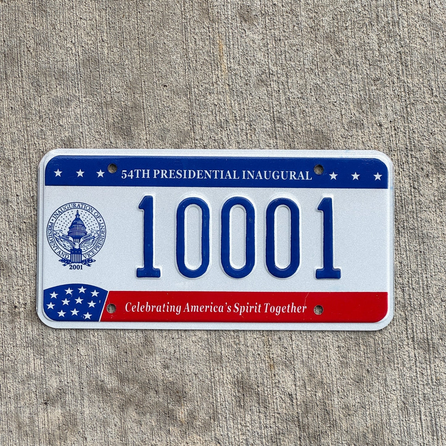 Photo of a 2001 Washington DC Inaugural License Plate Auto Tag Garage Decor Vintage Bush Politics Political Great Number Palindrome 10001 with original patina