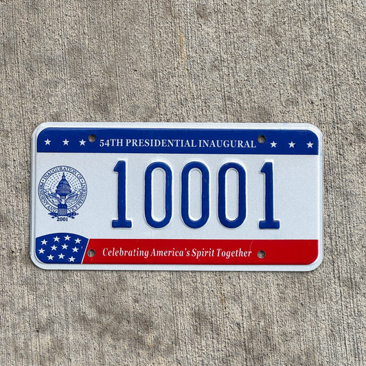Photo of a 2001 Washington DC Inaugural License Plate Auto Tag Garage Decor Vintage Bush Politics Political Great Number Palindrome 10001 with original patina
