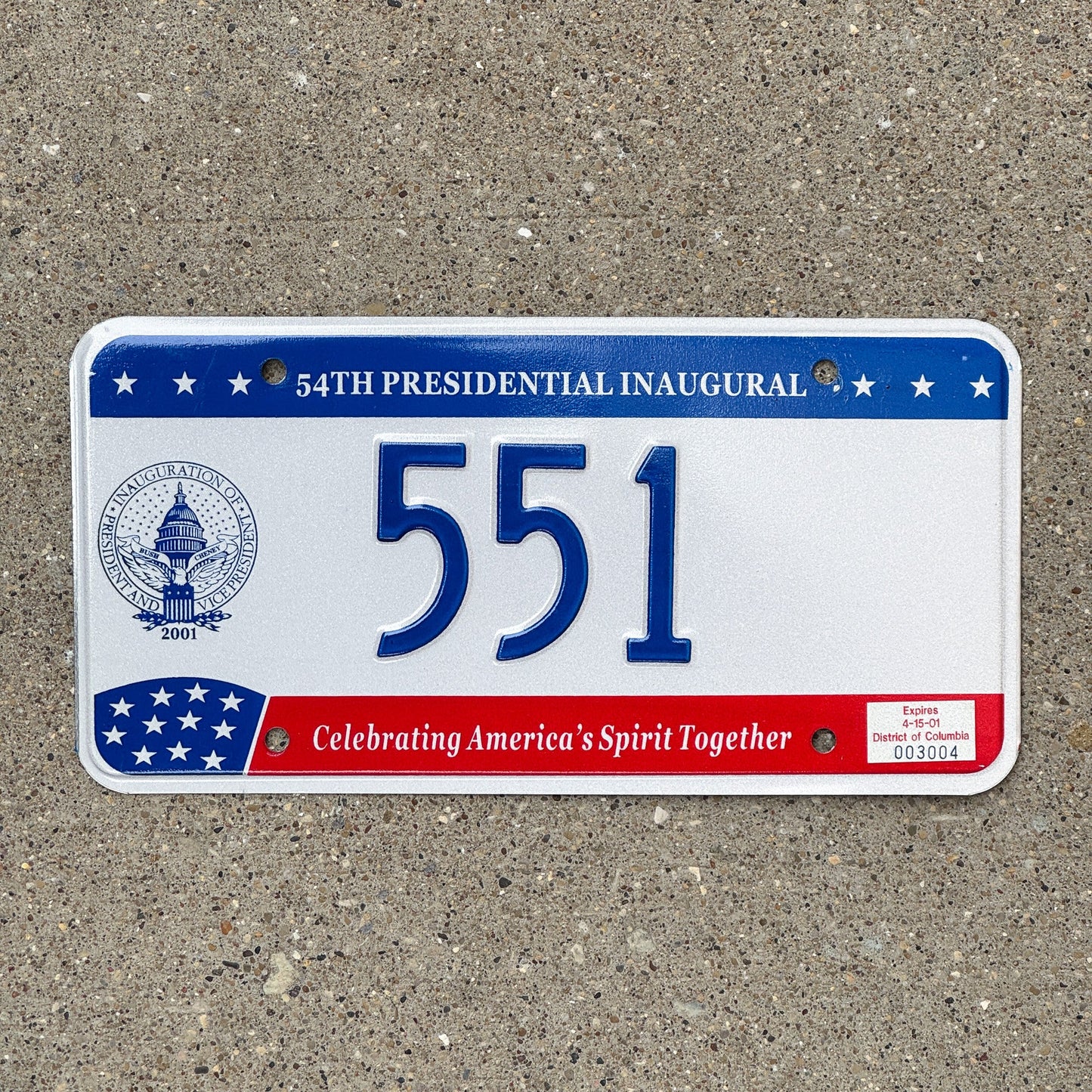Photo of a 2001 Washington DC Inaugural License Plate Auto Tag Garage Decor Vintage Bush Politics Political Low Number Three Digit 551 with original patina